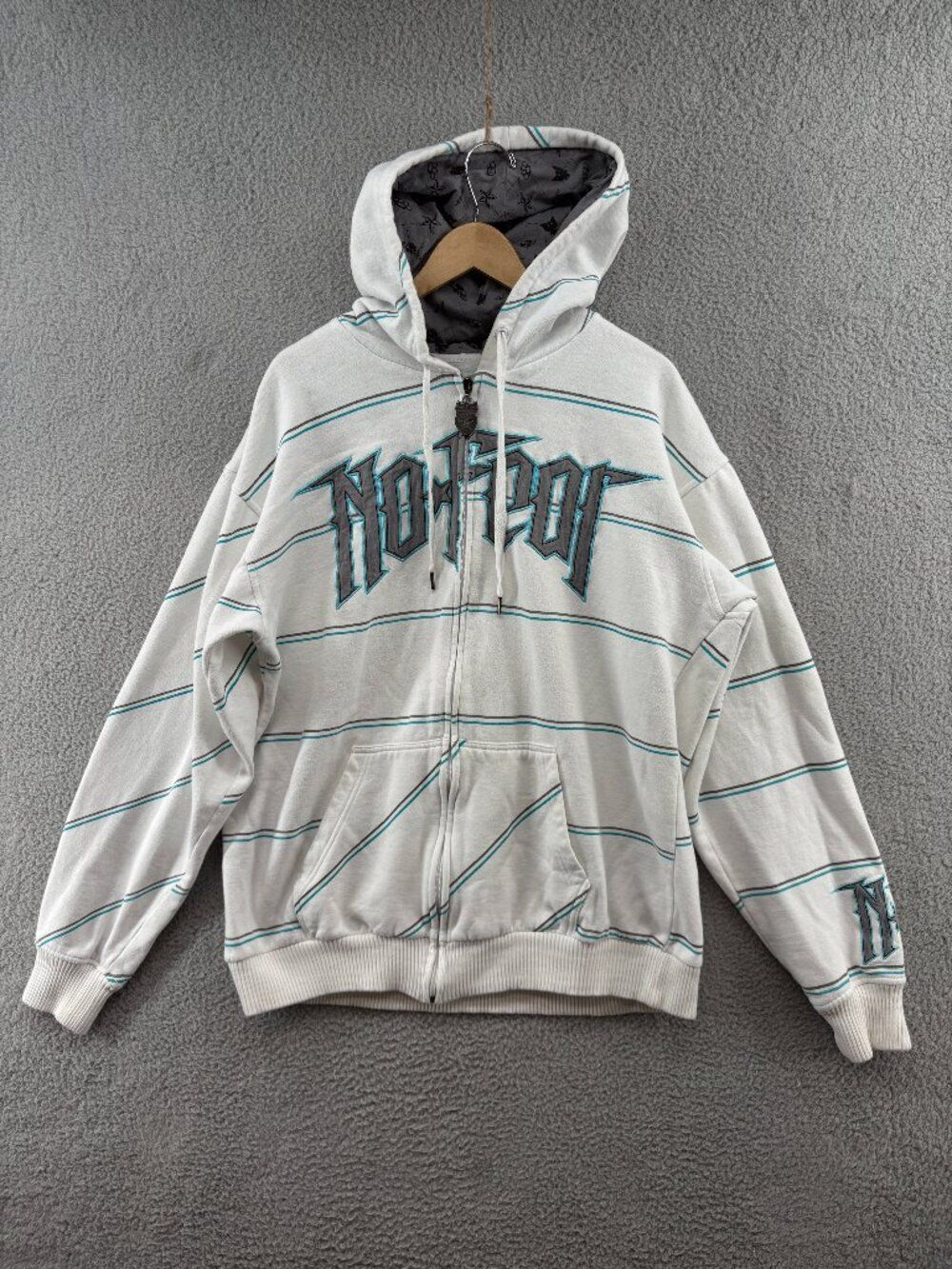 Vintage No Fear Striped Full Zip Hoodie Gothic Spellout Y2K Skater White XL
